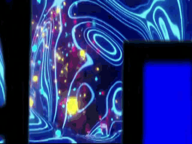 a blue screen with a colorful swirl on it .