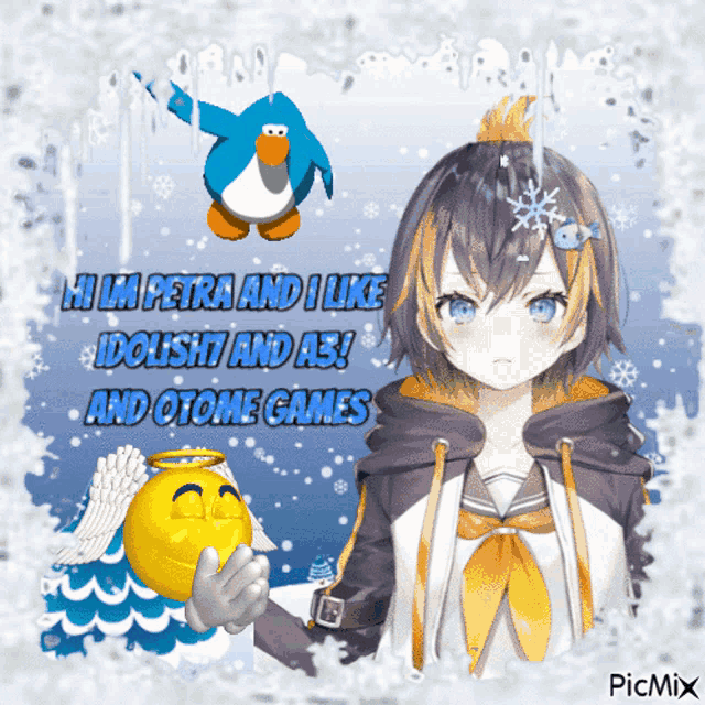 a picture of a girl with the words hi im petra and i like idolish and a3 and otome games below her