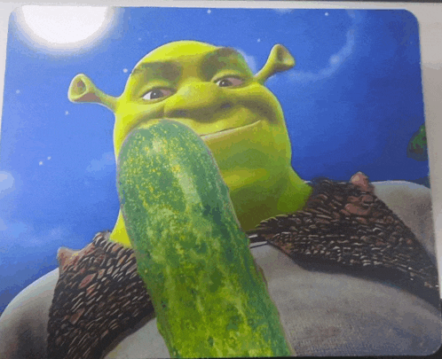shrek from shrek eating a cucumber on a blue background