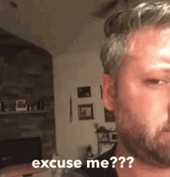 a man with a beard is looking at the camera and says `` excuse me ?? ''