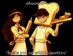 a boy with a loaf of bread on his head is holding a tray of baguettes