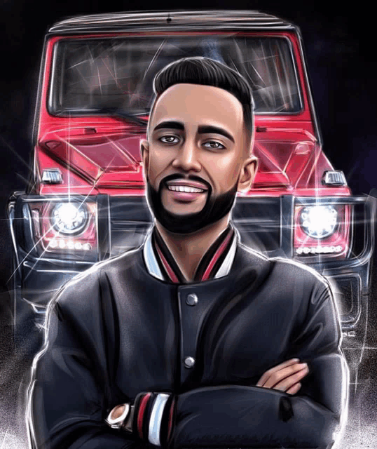 a drawing of a man with his arms crossed in front of a red jeep