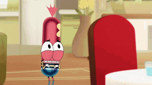 a cartoon character with a crown on his head is standing in a living room