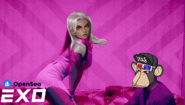a woman in a pink dress is next to a monkey wearing a hat that says ya6