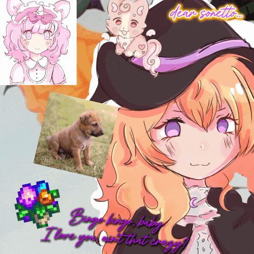 a drawing of a girl with purple eyes and a puppy with the words " bingo bingo baby "