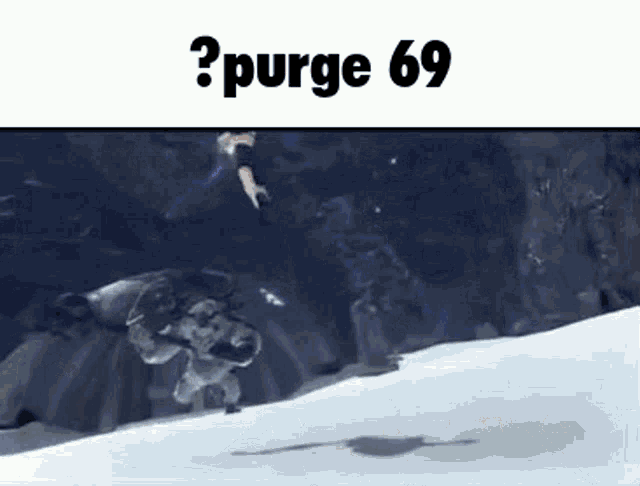 a person is standing on top of a snow covered hill with the words `` purge 69 '' above them .