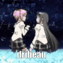 a couple of anime girls standing next to each other with the word dribeau in the corner