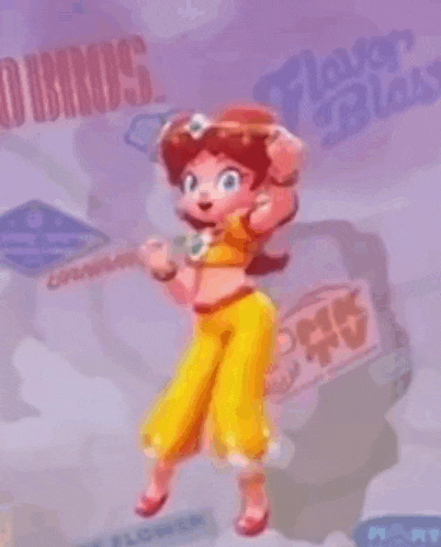 a cartoon character is dancing in front of a purple background with stickers on it .