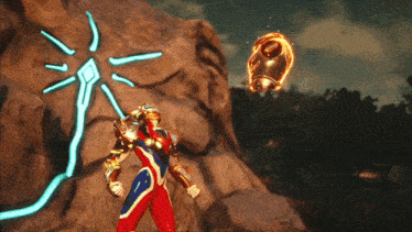 a red white and blue superhero is holding a helmet in his hand