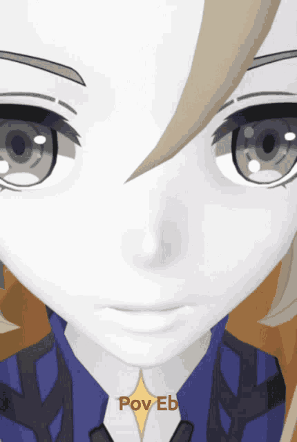 a close up of a person 's face with the word pov eb on the bottom left