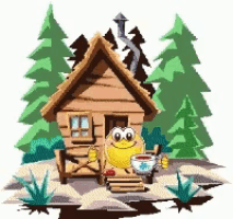 a cartoon illustration of a log cabin with a smiley face in front of it