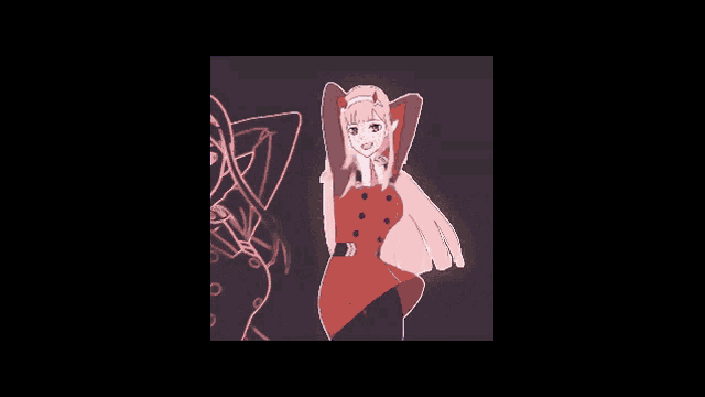 a drawing of a girl in a red dress with her hands behind her head