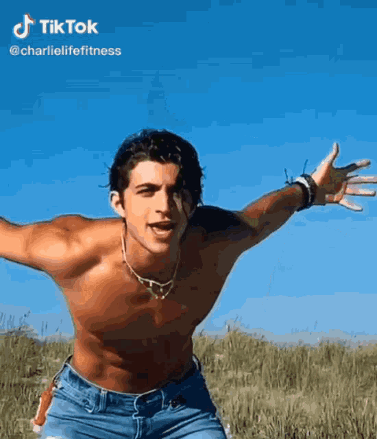 a shirtless man is standing in a field with his arms outstretched in a tik tok video