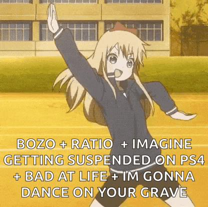 a blonde anime girl is dancing on a track with her arm in the air .