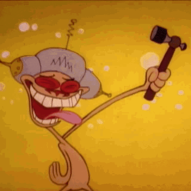 a cartoon character is holding a hammer and wearing a hat that says mm