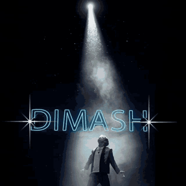 a poster for dimash shows a man standing in front of a bright light