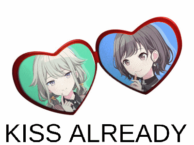 a picture of two anime girls with the words kiss already written below them