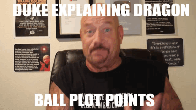 a bald man sitting in front of a wall that says duke explaining dragon