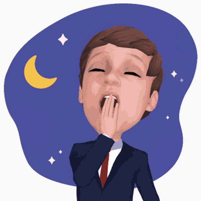 a man in a suit and tie yawning with a crescent moon in the background