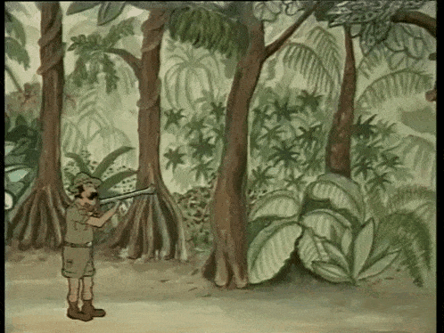 a cartoon drawing of a man in a jungle holding a telescope