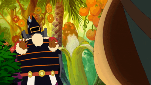 a cartoon character is standing in a jungle holding a red heart