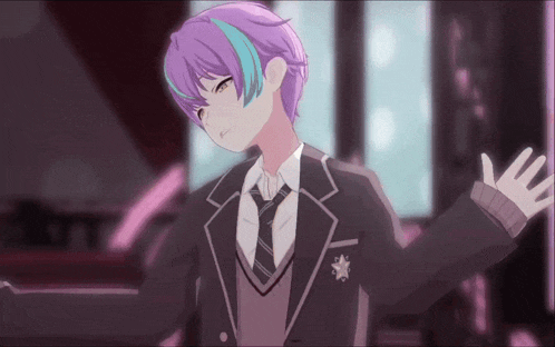 a girl with purple hair and blue streaks in her hair is wearing a suit and tie