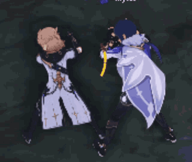 two anime characters are standing next to each other