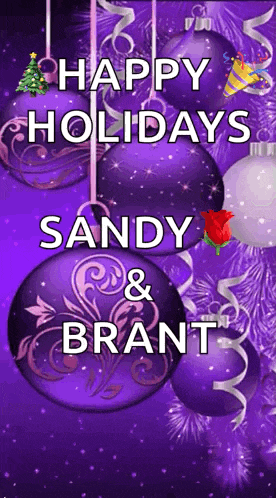 purple christmas ornaments with the words happy holidays sandy and brant on them