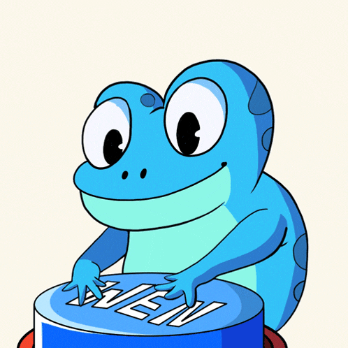 a cartoon frog is sitting on a blue button that says new