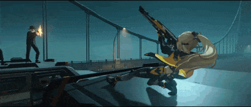 a video game scene with a woman holding a gun and a man holding a flamethrower