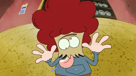 a cartoon character with red hair and a paper bag in his mouth