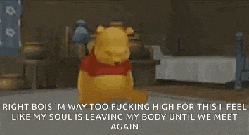 a winnie the pooh bear is standing in a room with a bed and a potted plant .