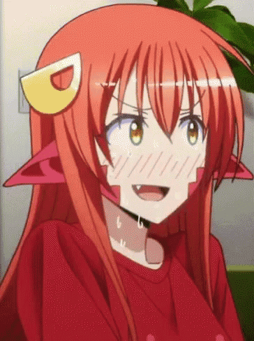a close up of a red haired anime girl wearing a red shirt and a choker .