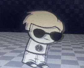 a cartoon character wearing sunglasses is dancing on a checkered floor .