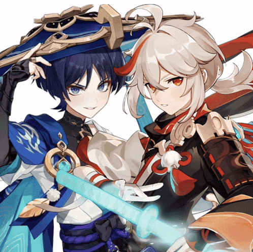 two anime characters are holding swords and one has the number 3 on his chest