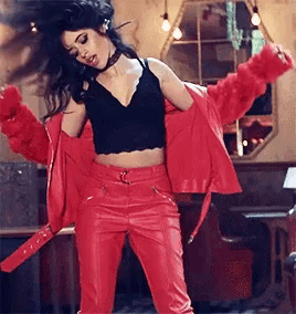 a woman in a black crop top and red leather pants is dancing .