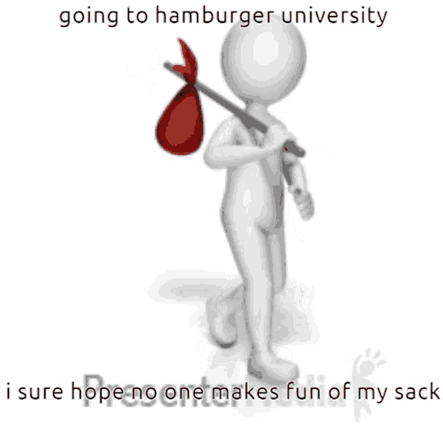 a 3d man is carrying a bag and a stick with the words going to hamburger university