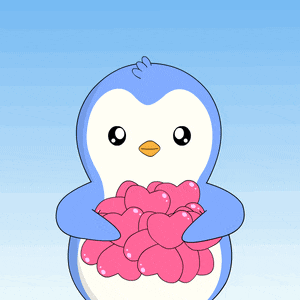 a penguin is holding a bunch of pink hearts in its arms