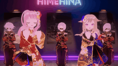 a group of anime characters are dancing in front of a sign that says himehina