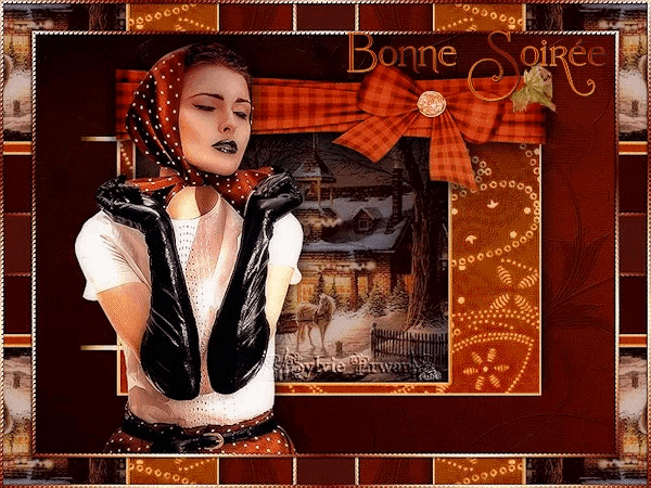 a woman in a scarf and gloves is standing in front of a picture that says bonne soirée