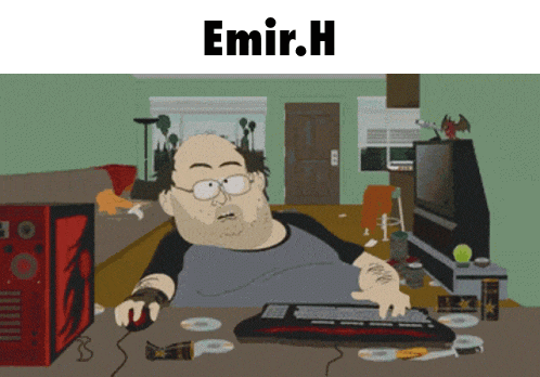 a cartoon of a man sitting at a desk with the name emir.h