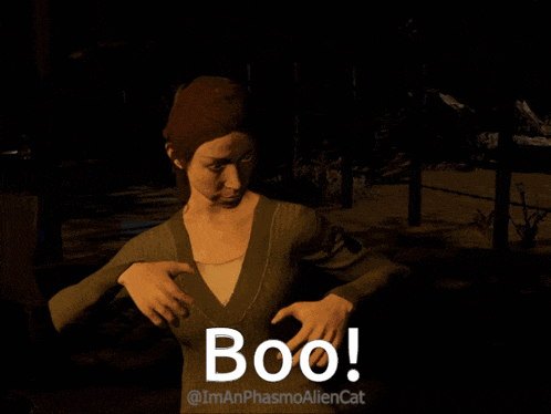 a woman with her arms outstretched says boo on the bottom