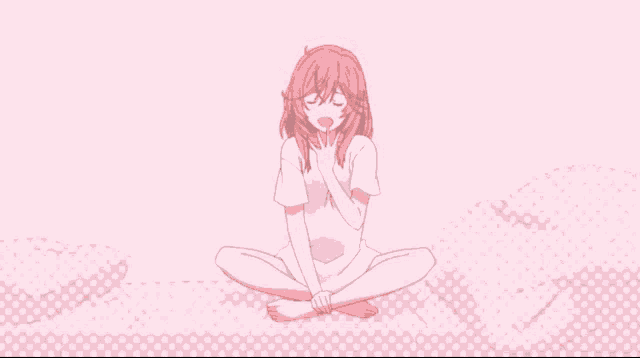 a girl with pink hair is sitting on the floor with her legs crossed and yawning