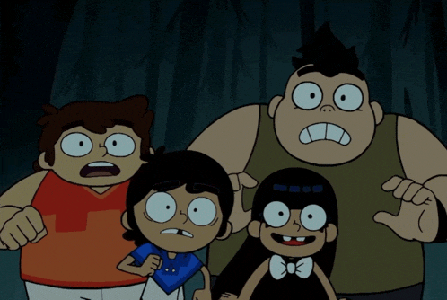a group of cartoon characters are standing next to each other with their mouths open