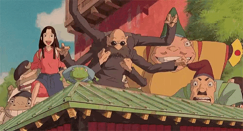 a group of cartoon characters are standing on top of a building .