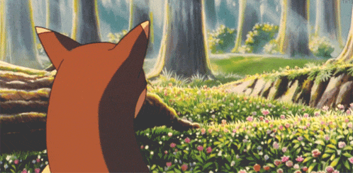 a cartoon fox is standing in a field of flowers in the woods