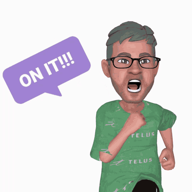 a cartoon of a man with glasses and a green telus shirt