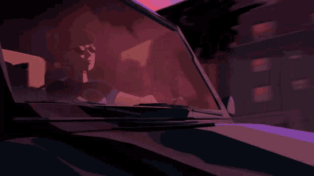 a cartoon drawing of a person driving a car with a pink sky in the background