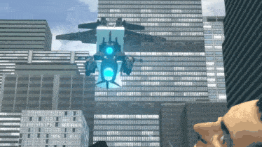 a helicopter is flying over a city with a blue light