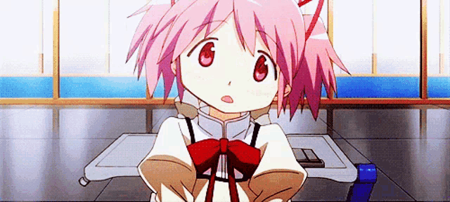 a girl with pink hair is wearing a white shirt and a red bow
